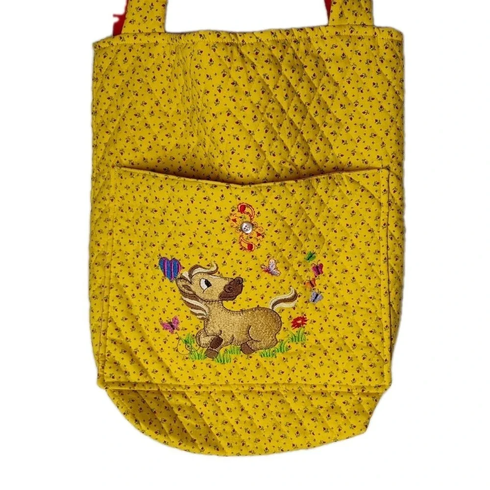 Quilted Horse Butterflies Purse‎ Shoulder Bag W/Pocket Yellow Floral